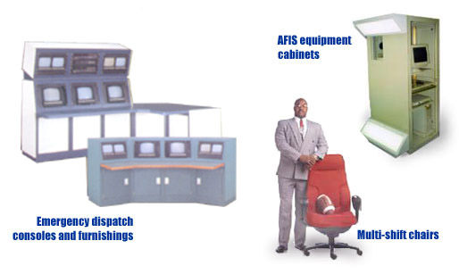 Emergency dispatch consoles, multi-shift chairs and secure video cabinets